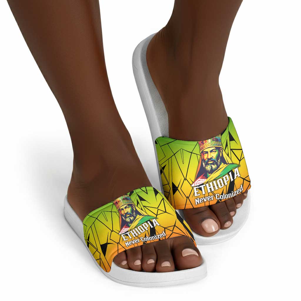 Menelik II Slide Sandals with Crowned Portrait, Ethiopia Never Colonized Text and Pan-African Abstract - African Pride