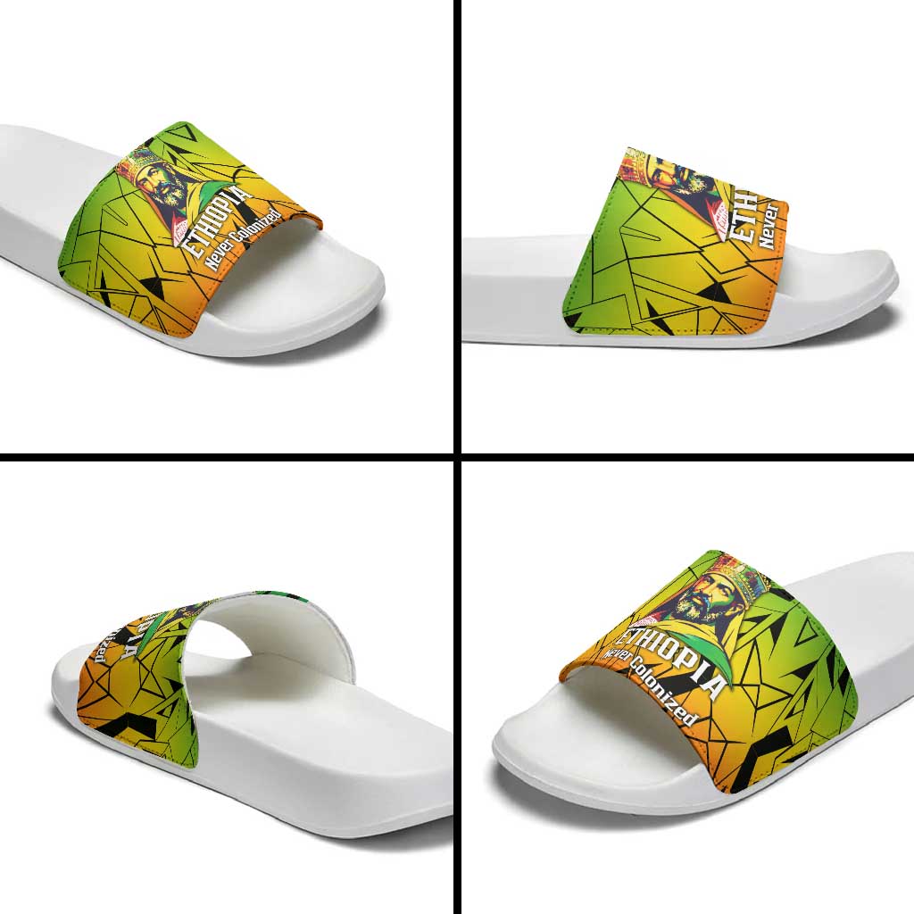 Menelik II Slide Sandals with Crowned Portrait, Ethiopia Never Colonized Text and Pan-African Abstract - African Pride