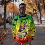 Menelik II Sweatshirt with Crowned Portrait, Ethiopia Never Colonized Text and Pan-African Abstract - African Pride