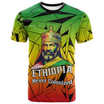 Menelik II T shirt with Crowned Portrait, Ethiopia Never Colonized Text and Pan-African Abstract - African Pride