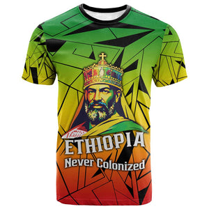 Menelik II T shirt with Crowned Portrait, Ethiopia Never Colonized Text and Pan-African Abstract - African Pride