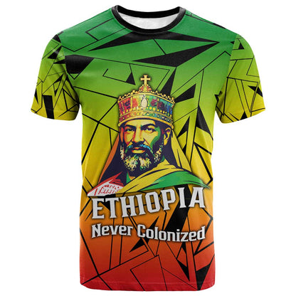 Menelik II T shirt with Crowned Portrait, Ethiopia Never Colonized Text and Pan-African Abstract - African Pride