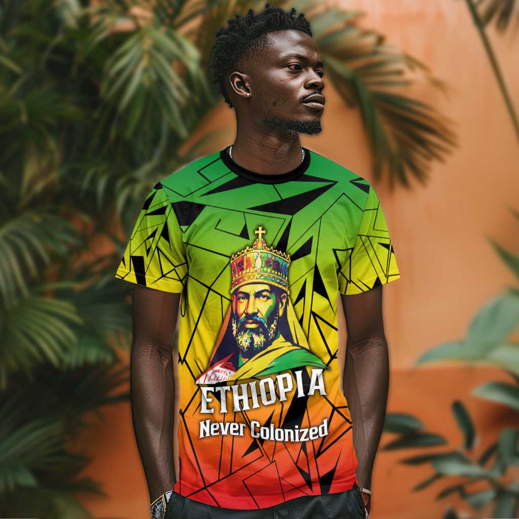 Menelik II T shirt with Crowned Portrait, Ethiopia Never Colonized Text and Pan-African Abstract - African Pride