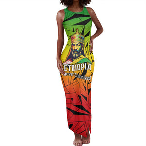 Menelik II Tank Maxi Dress with Crowned Portrait, Ethiopia Never Colonized Text and Pan-African Abstract - African Pride