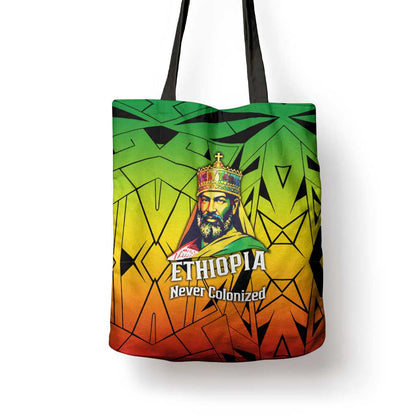 Menelik II Tote Bag with Crowned Portrait, Ethiopia Never Colonized Text and Pan-African Abstract - African Pride