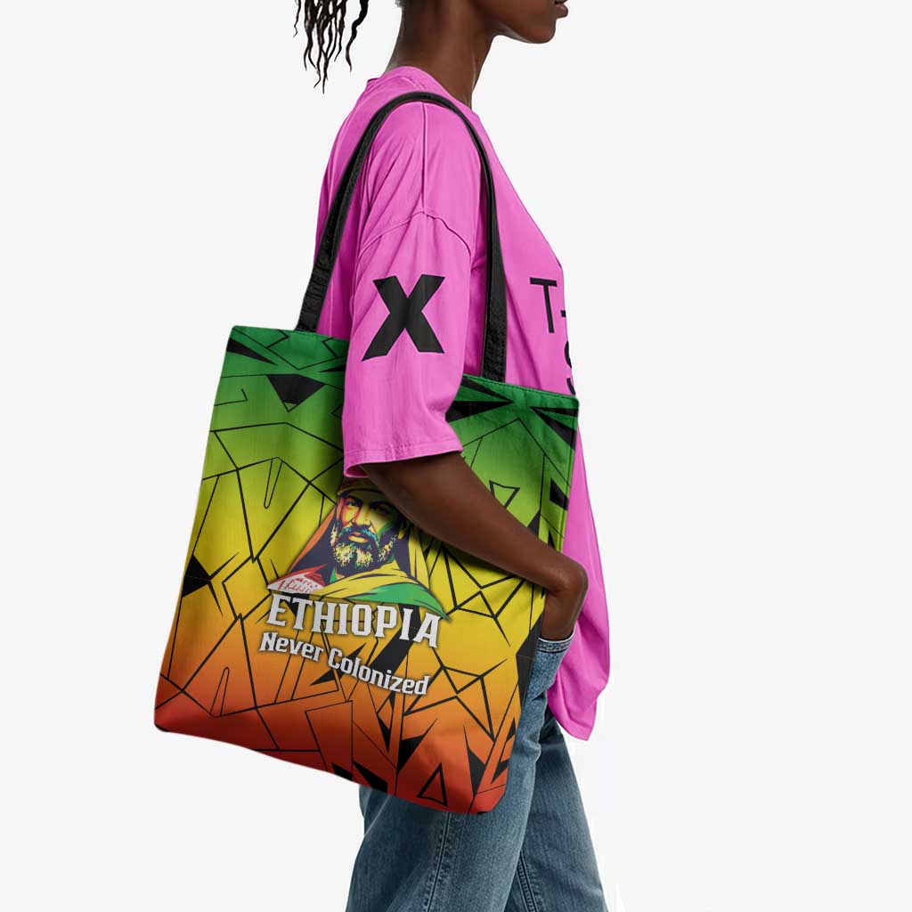 Menelik II Tote Bag with Crowned Portrait, Ethiopia Never Colonized Text and Pan-African Abstract - African Pride