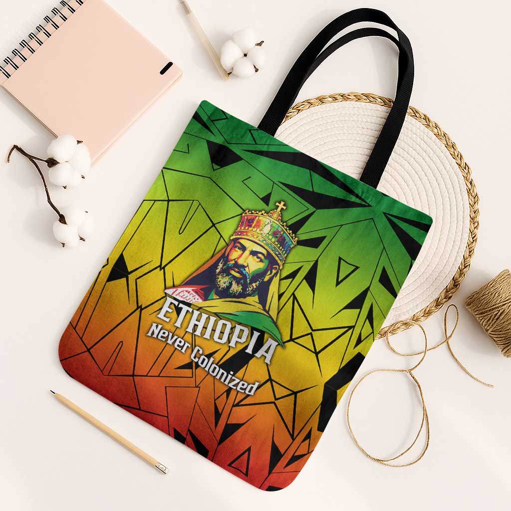 Menelik II Tote Bag with Crowned Portrait, Ethiopia Never Colonized Text and Pan-African Abstract - African Pride