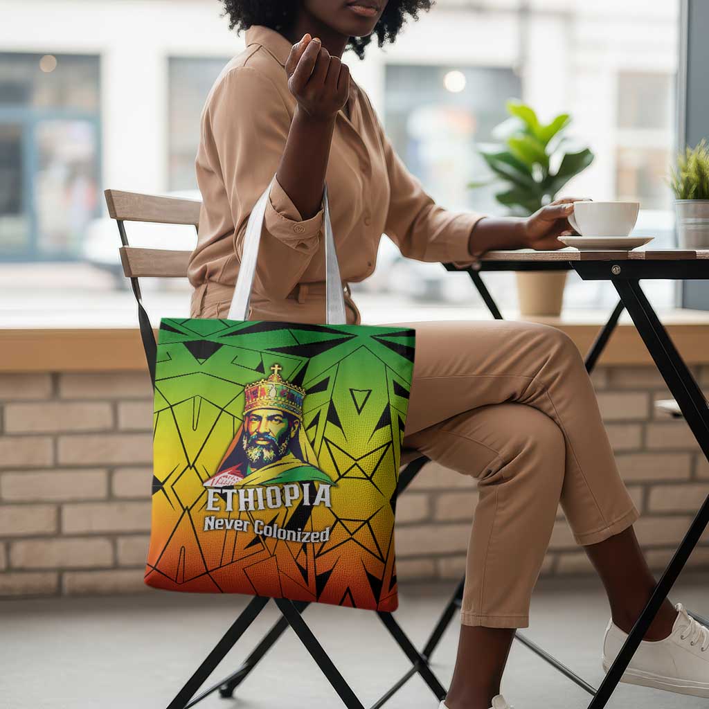 Menelik II Tote Bag with Crowned Portrait, Ethiopia Never Colonized Text and Pan-African Abstract - African Pride