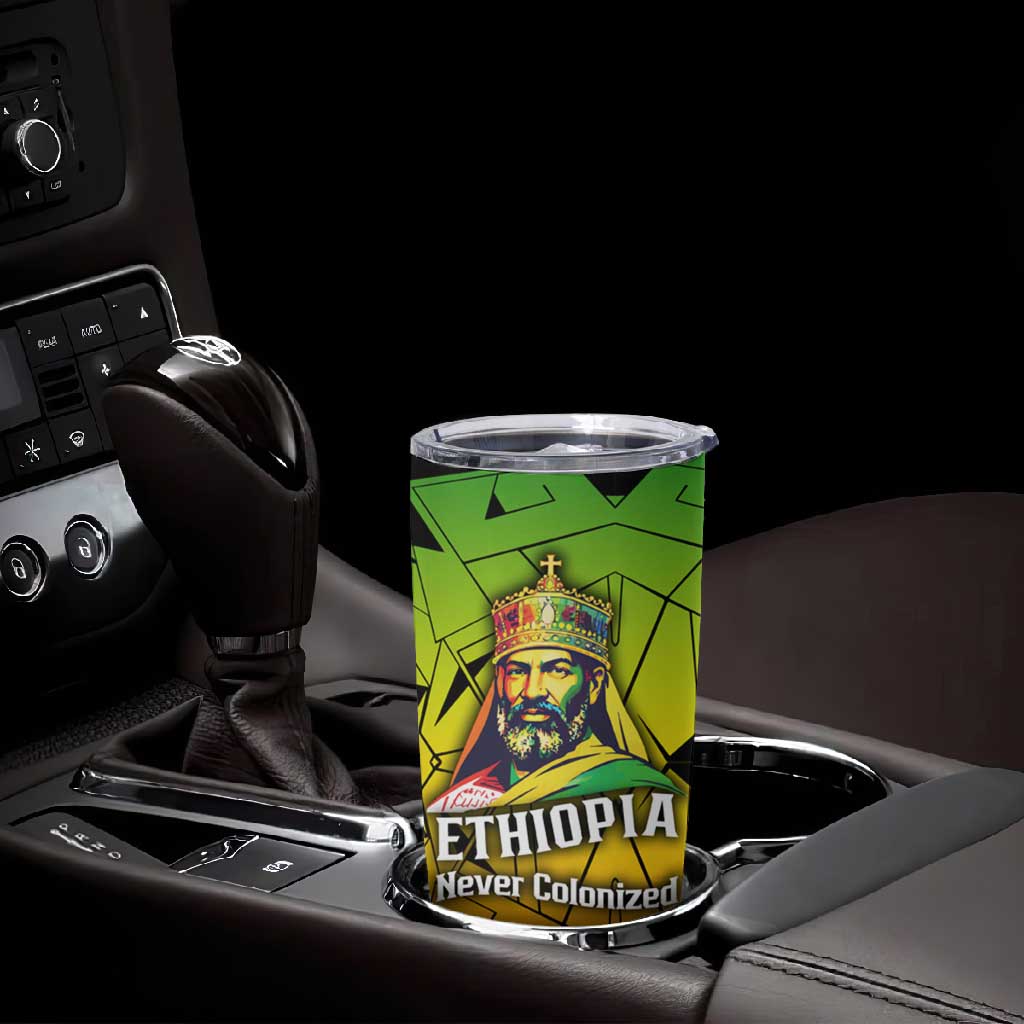 Menelik II Tumbler Cup with Crowned Portrait, Ethiopia Never Colonized Text and Pan-African Abstract - African Pride