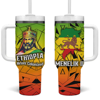 Menelik II Tumbler With Handle with Crowned Portrait, Ethiopia Never Colonized Text and Pan-African Abstract - African Pride