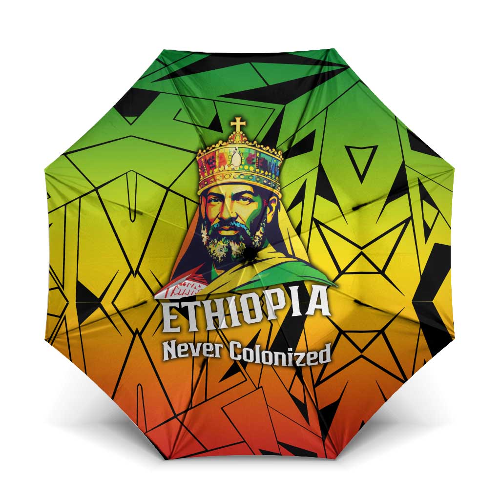 Menelik II Umbrella with Crowned Portrait, Ethiopia Never Colonized Text and Pan-African Abstract - African Pride