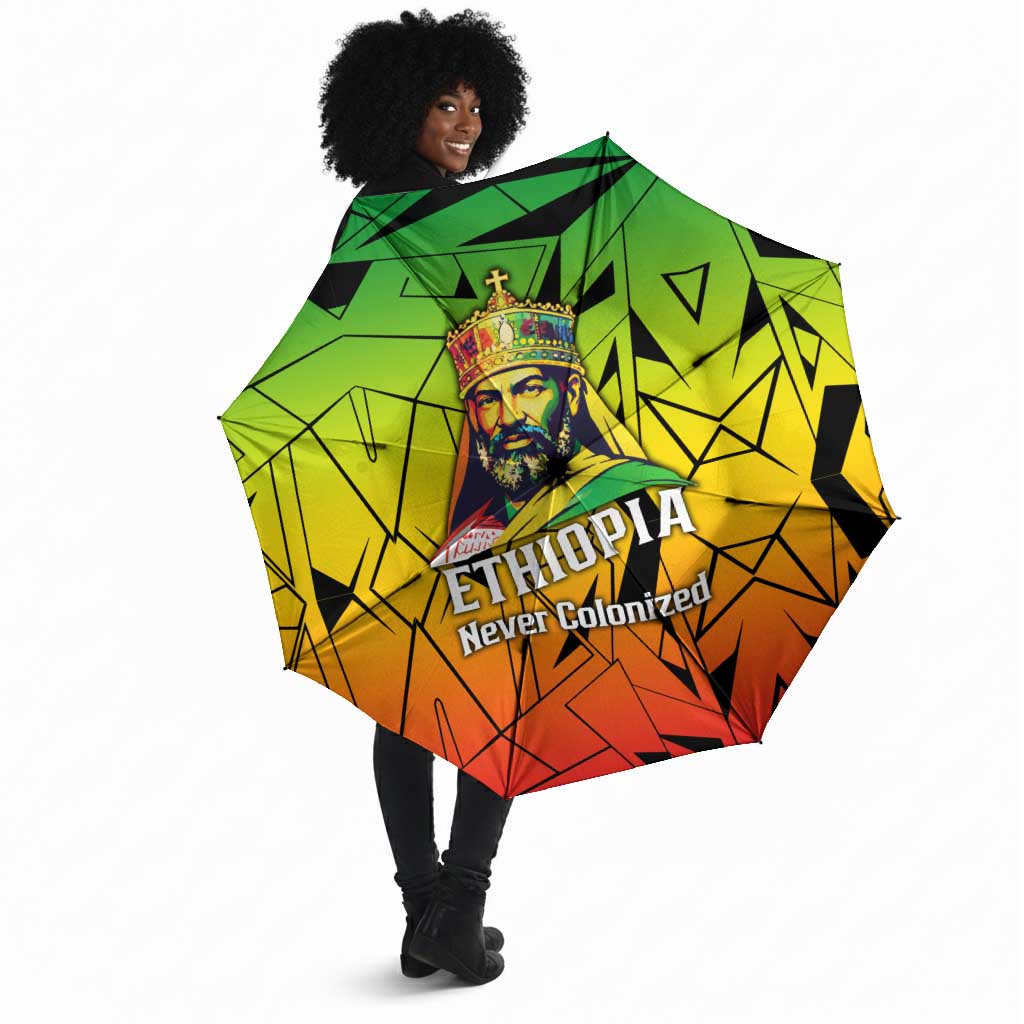 Menelik II Umbrella with Crowned Portrait, Ethiopia Never Colonized Text and Pan-African Abstract - African Pride