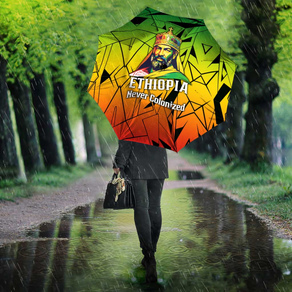 Menelik II Umbrella with Crowned Portrait, Ethiopia Never Colonized Text and Pan-African Abstract - African Pride