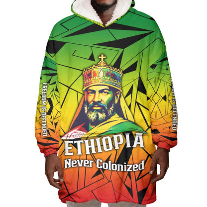 Menelik II Wearable Blanket Hoodie with Crowned Portrait, Ethiopia Never Colonized Text and Pan-African Abstract - African Pride