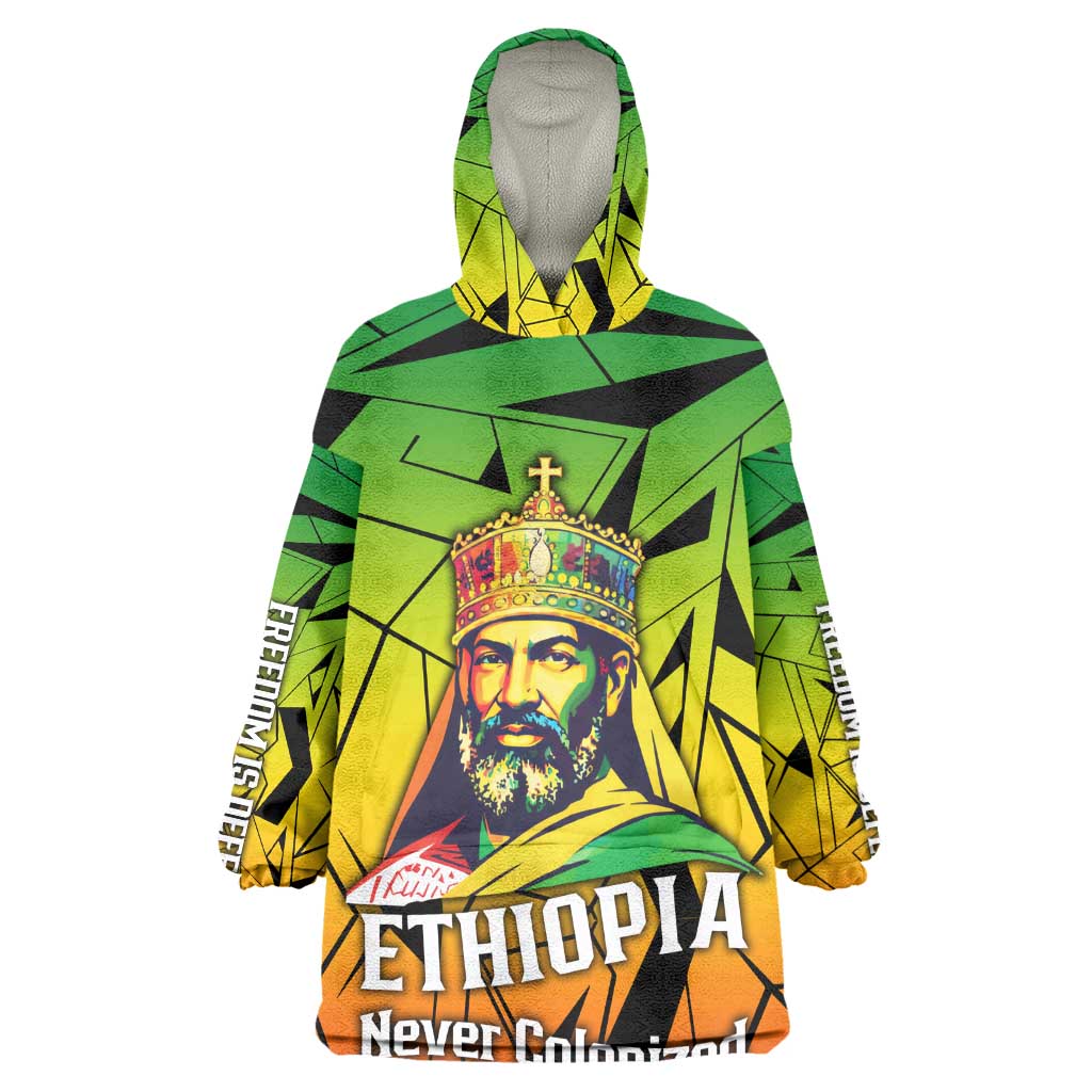 Menelik II Wearable Blanket Hoodie with Crowned Portrait, Ethiopia Never Colonized Text and Pan-African Abstract - African Pride