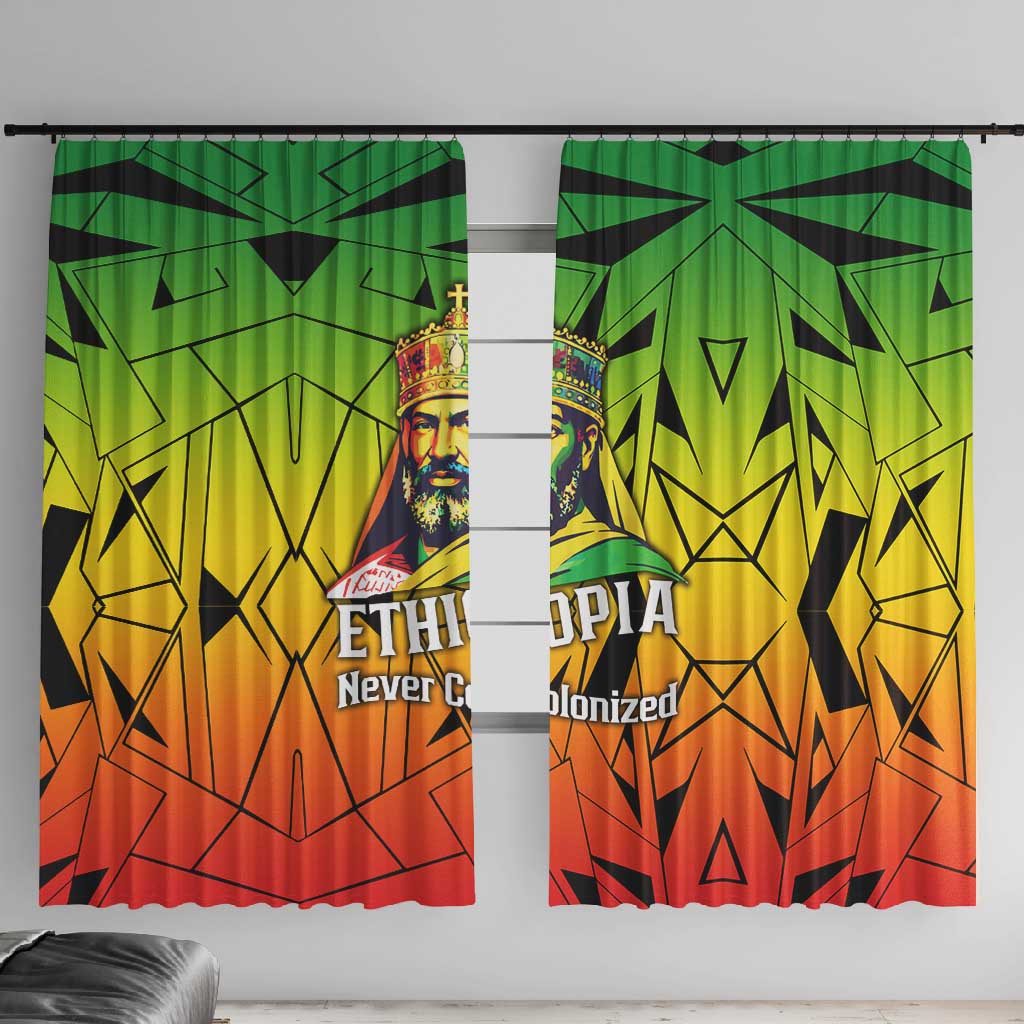 Menelik II Window Curtain with Crowned Portrait, Ethiopia Never Colonized Text and Pan-African Abstract - African Pride
