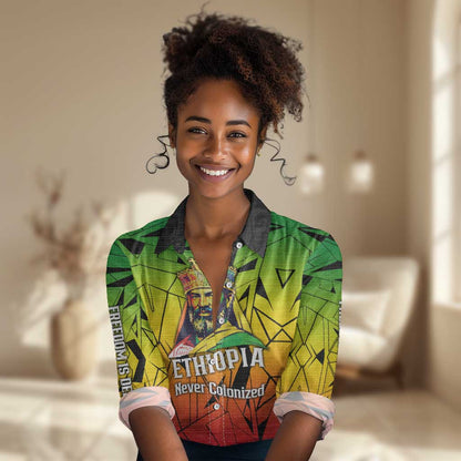 Menelik II Women Casual Shirt with Crowned Portrait, Ethiopia Never Colonized Text and Pan-African Abstract - African Pride