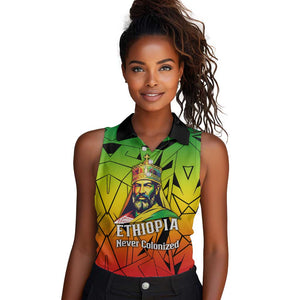 Menelik II Women Sleeveless Polo Shirt with Crowned Portrait, Ethiopia Never Colonized Text and Pan-African Abstract - African Pride