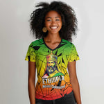 Menelik II Women V-Neck T-Shirt with Crowned Portrait, Ethiopia Never Colonized Text and Pan-African Abstract - African Pride