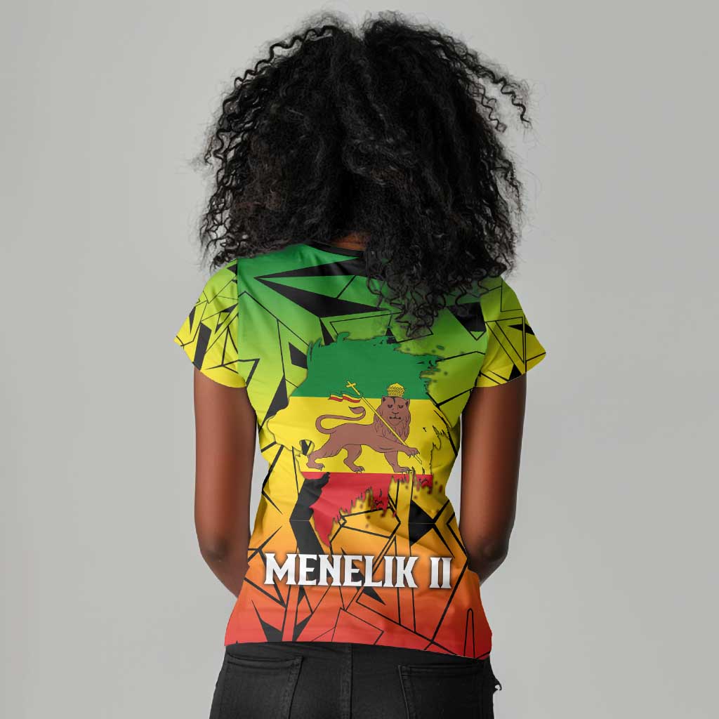Menelik II Women V-Neck T-Shirt with Crowned Portrait, Ethiopia Never Colonized Text and Pan-African Abstract - African Pride