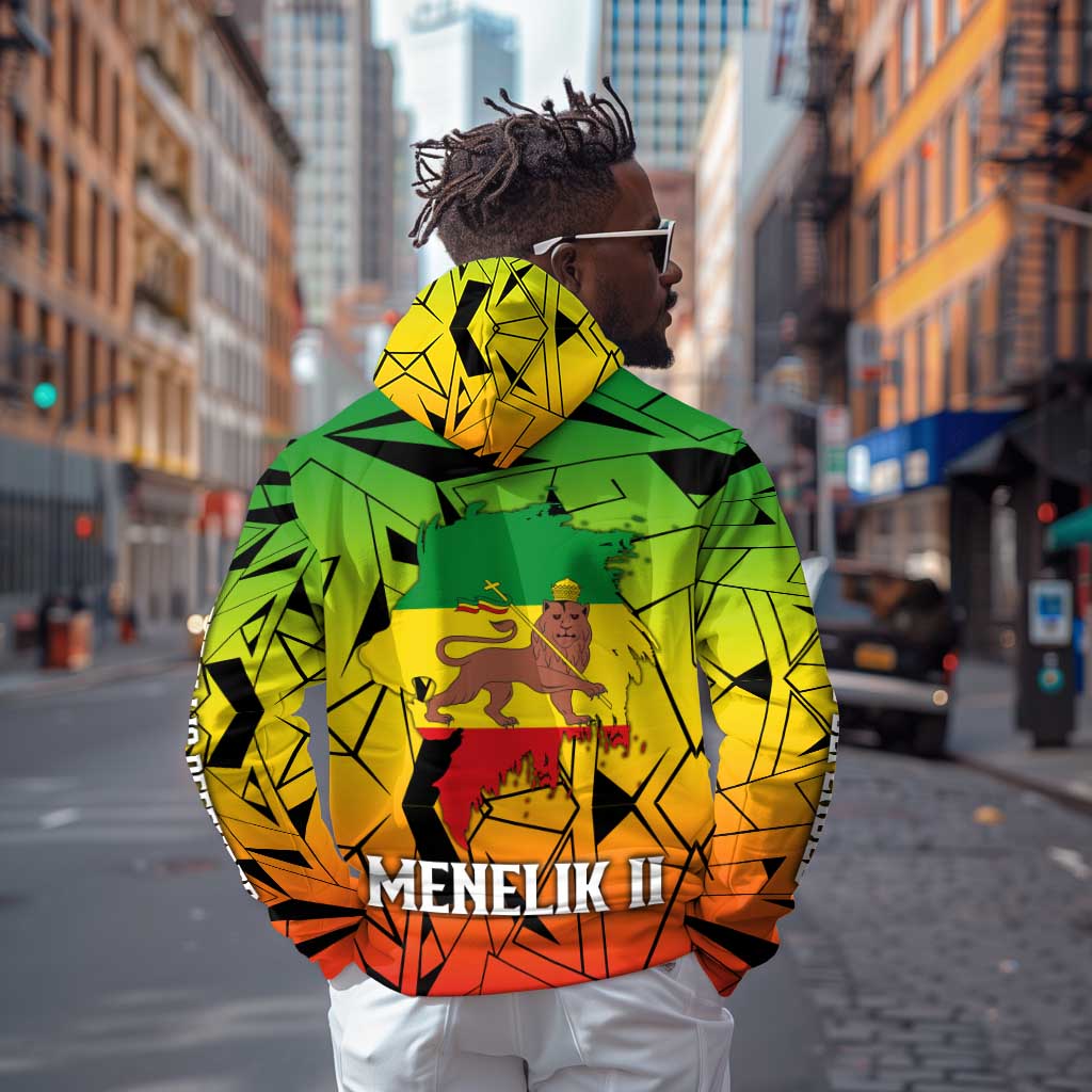 Menelik II Zip Hoodie with Crowned Portrait, Ethiopia Never Colonized Text and Pan-African Abstract - African Pride