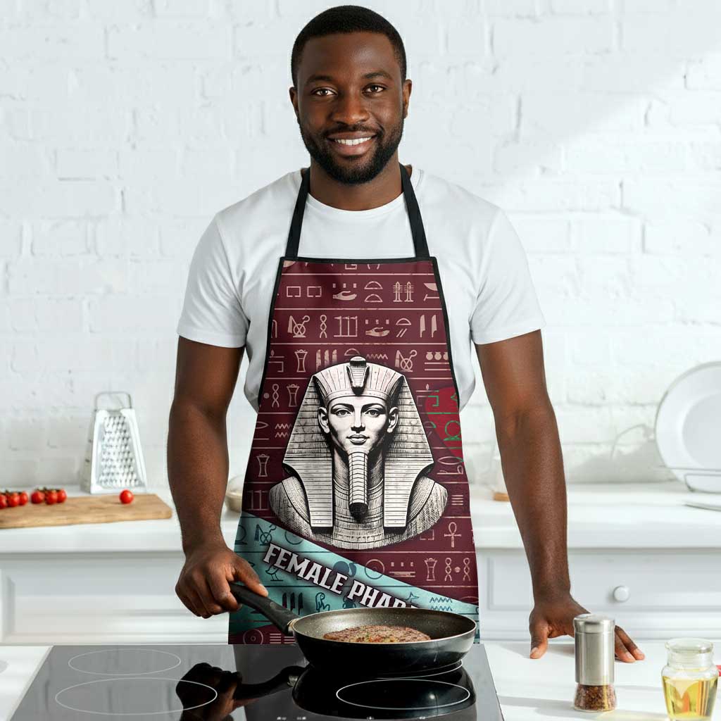 Hatshepsut Apron with Pharaoh Bust Illustration, Female Pharaoh Title and Egyptian Hieroglyph - African Pride