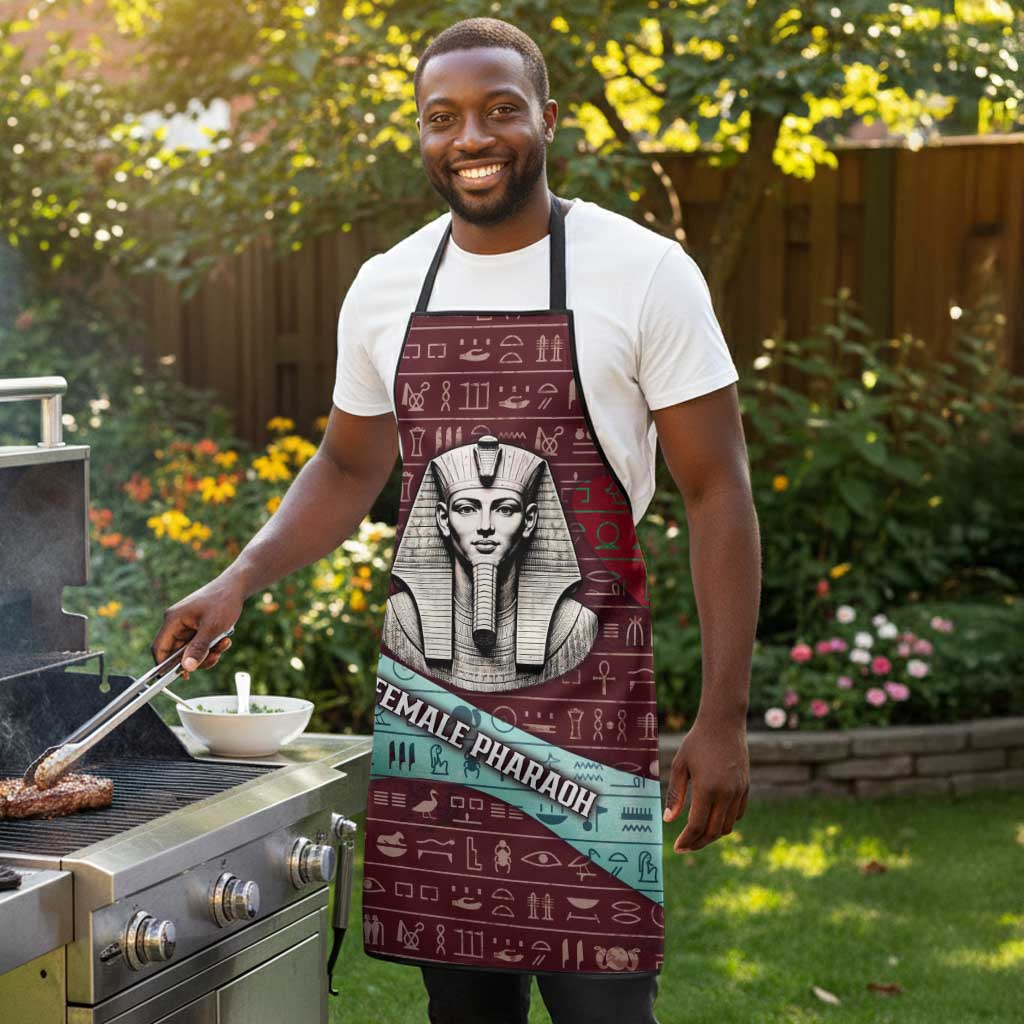Hatshepsut Apron with Pharaoh Bust Illustration, Female Pharaoh Title and Egyptian Hieroglyph - African Pride