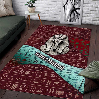 Hatshepsut Area Rug with Pharaoh Bust Illustration, Female Pharaoh Title and Egyptian Hieroglyph - African Pride