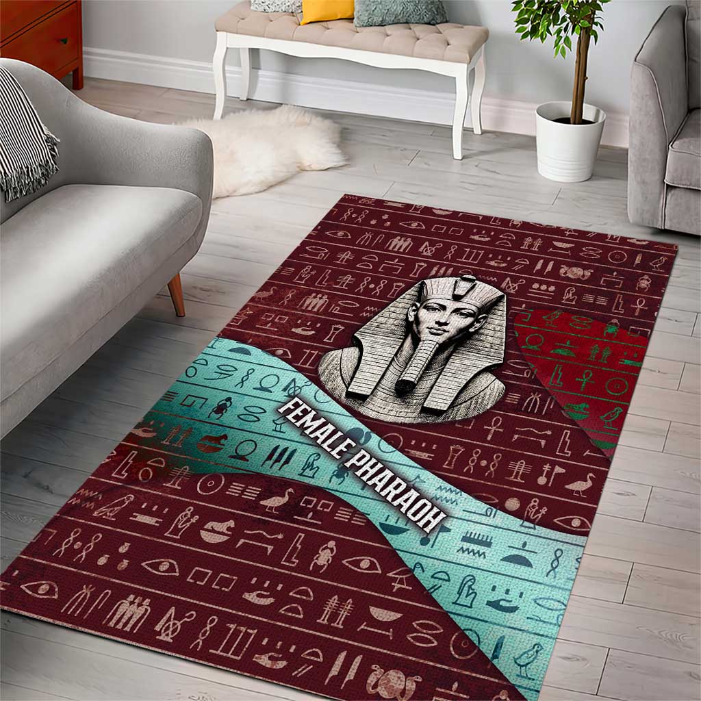 Hatshepsut Area Rug with Pharaoh Bust Illustration, Female Pharaoh Title and Egyptian Hieroglyph - African Pride