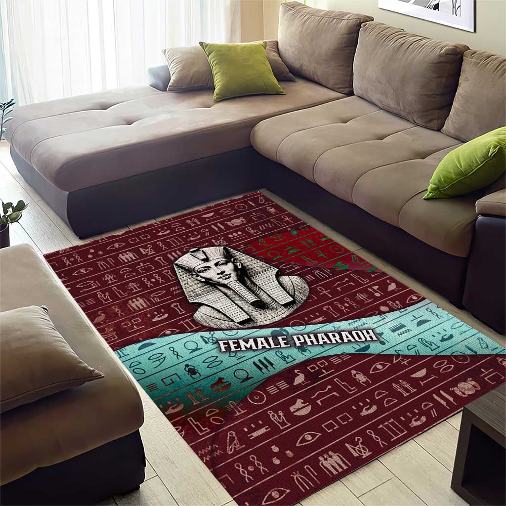 Hatshepsut Area Rug with Pharaoh Bust Illustration, Female Pharaoh Title and Egyptian Hieroglyph - African Pride