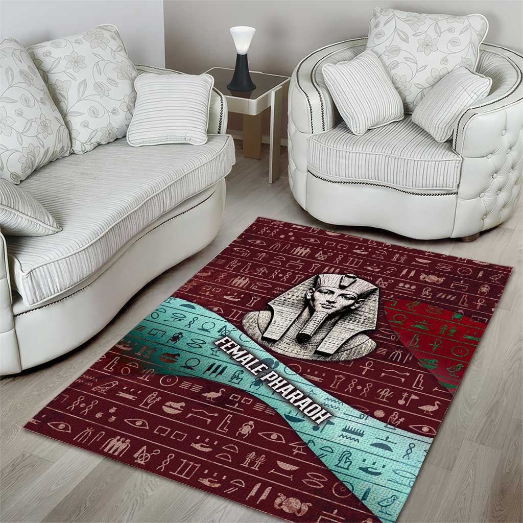 Hatshepsut Area Rug with Pharaoh Bust Illustration, Female Pharaoh Title and Egyptian Hieroglyph - African Pride