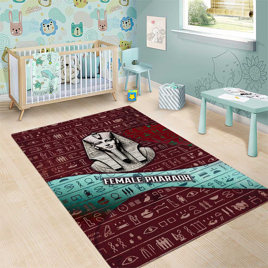 Hatshepsut Area Rug with Pharaoh Bust Illustration, Female Pharaoh Title and Egyptian Hieroglyph - African Pride