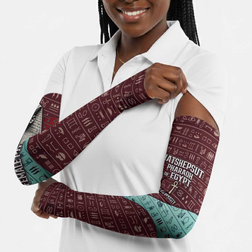 Hatshepsut Arm Sleeves with Pharaoh Bust Illustration, Female Pharaoh Title and Egyptian Hieroglyph - African Pride