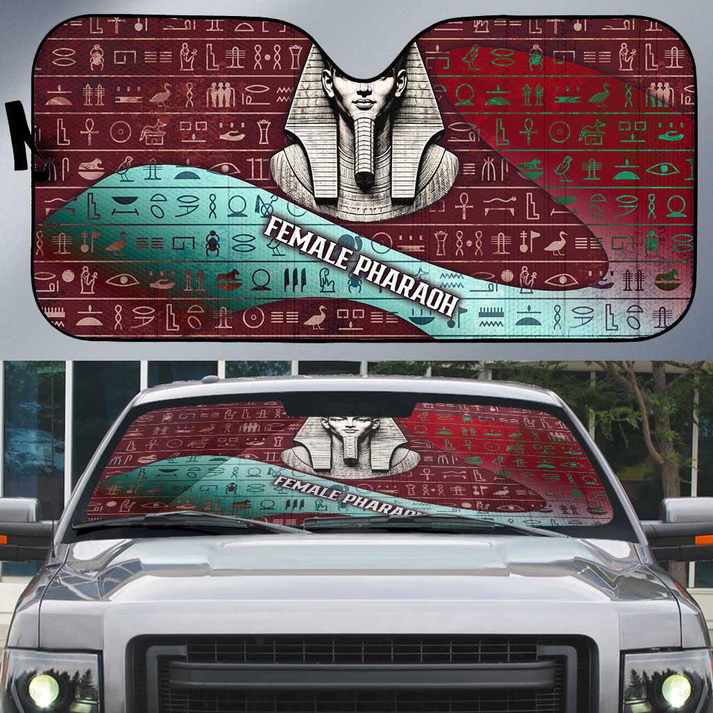 Hatshepsut Auto Sun Shade with Pharaoh Bust Illustration, Female Pharaoh Title and Egyptian Hieroglyph - African Pride