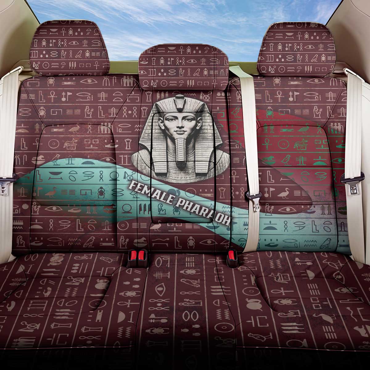 Hatshepsut Back Car Seat Cover with Pharaoh Bust Illustration, Female Pharaoh Title and Egyptian Hieroglyph - African Pride