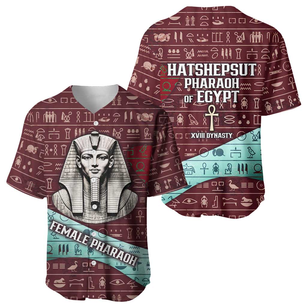 Hatshepsut Baseball Jersey with Pharaoh Bust Illustration, Female Pharaoh Title and Egyptian Hieroglyph - African Pride