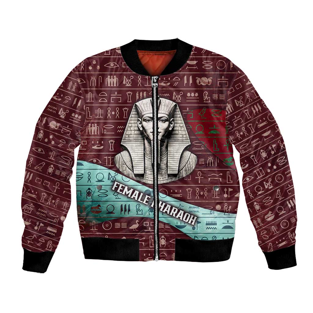 Hatshepsut Bomber Jacket with Pharaoh Bust Illustration, Female Pharaoh Title and Egyptian Hieroglyph - African Pride