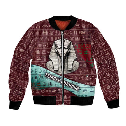 Hatshepsut Bomber Jacket with Pharaoh Bust Illustration, Female Pharaoh Title and Egyptian Hieroglyph - African Pride