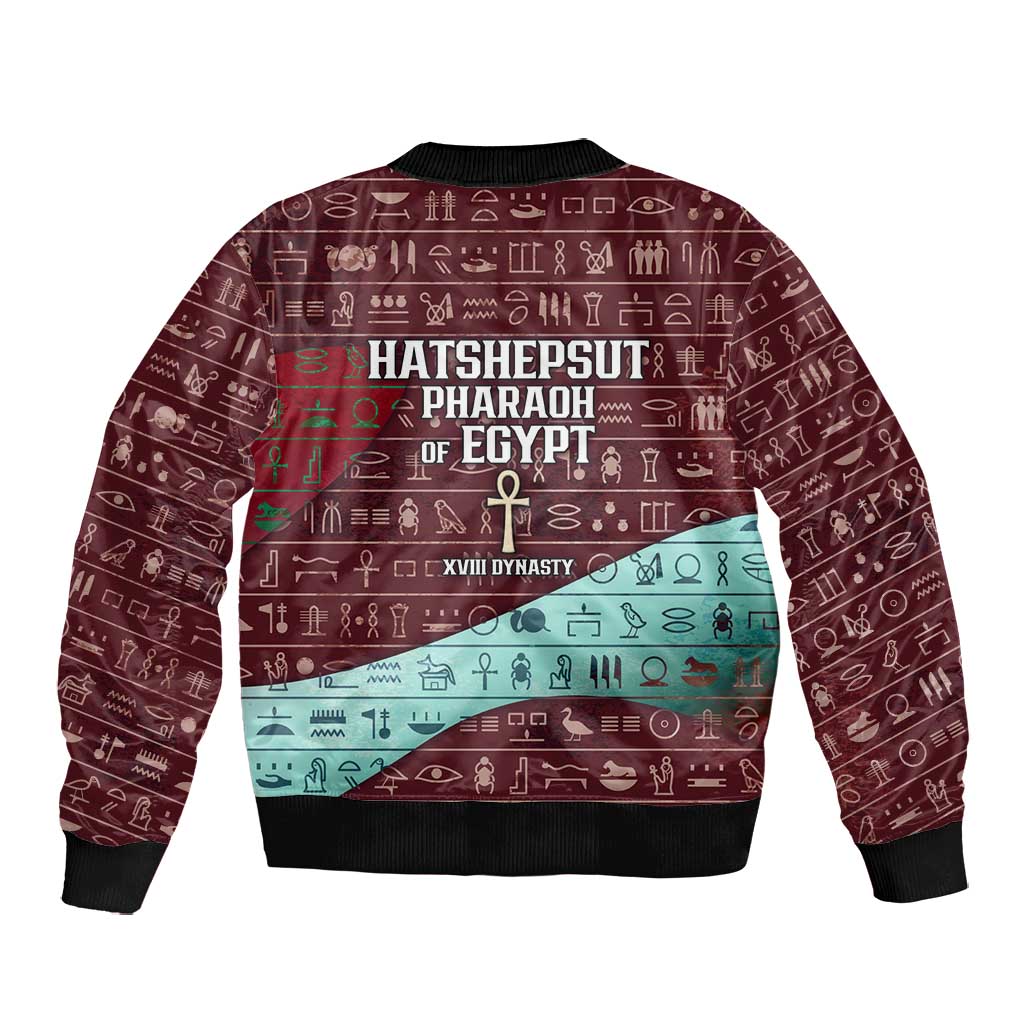 Hatshepsut Bomber Jacket with Pharaoh Bust Illustration, Female Pharaoh Title and Egyptian Hieroglyph - African Pride
