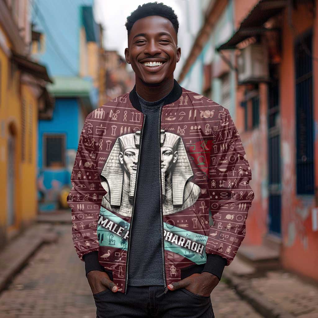 Hatshepsut Bomber Jacket with Pharaoh Bust Illustration, Female Pharaoh Title and Egyptian Hieroglyph - African Pride