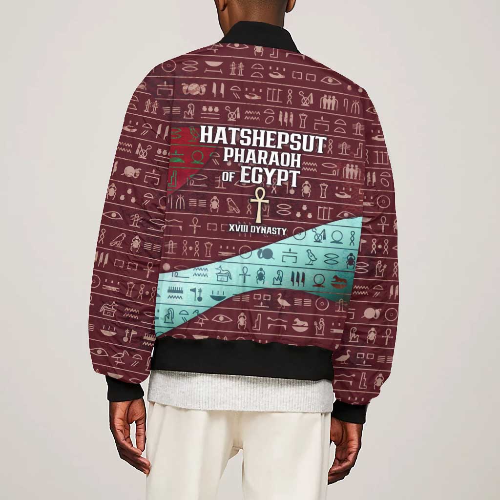 Hatshepsut Bomber Jacket with Pharaoh Bust Illustration, Female Pharaoh Title and Egyptian Hieroglyph - African Pride