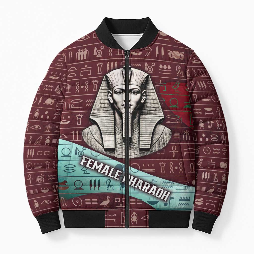 Hatshepsut Bomber Puffer Jacket with Pharaoh Bust Illustration, Female Pharaoh Title and Egyptian Hieroglyph - African Pride