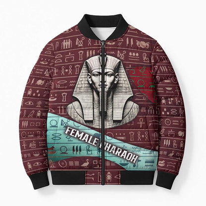 Hatshepsut Bomber Puffer Jacket with Pharaoh Bust Illustration, Female Pharaoh Title and Egyptian Hieroglyph - African Pride