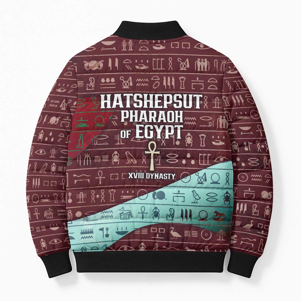 Hatshepsut Bomber Puffer Jacket with Pharaoh Bust Illustration, Female Pharaoh Title and Egyptian Hieroglyph - African Pride