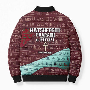 Hatshepsut Bomber Puffer Jacket with Pharaoh Bust Illustration, Female Pharaoh Title and Egyptian Hieroglyph - African Pride