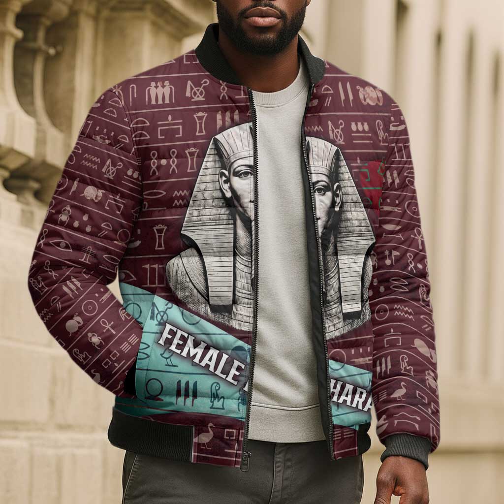 Hatshepsut Bomber Puffer Jacket with Pharaoh Bust Illustration, Female Pharaoh Title and Egyptian Hieroglyph - African Pride