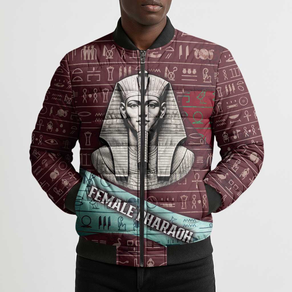 Hatshepsut Bomber Puffer Jacket with Pharaoh Bust Illustration, Female Pharaoh Title and Egyptian Hieroglyph - African Pride