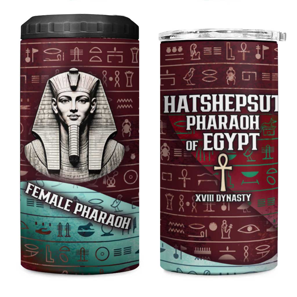 Hatshepsut 4 in 1 Can Cooler Tumbler with Pharaoh Bust Illustration, Female Pharaoh Title and Egyptian Hieroglyph - African Pride