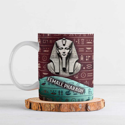 Hatshepsut Ceramic Mug with Pharaoh Bust Illustration, Female Pharaoh Title and Egyptian Hieroglyph - African Pride