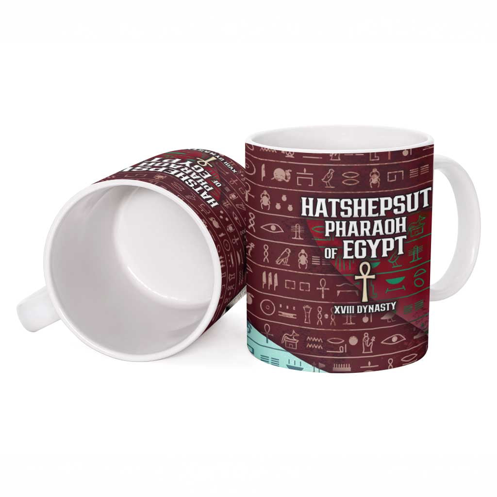Hatshepsut Ceramic Mug with Pharaoh Bust Illustration, Female Pharaoh Title and Egyptian Hieroglyph - African Pride